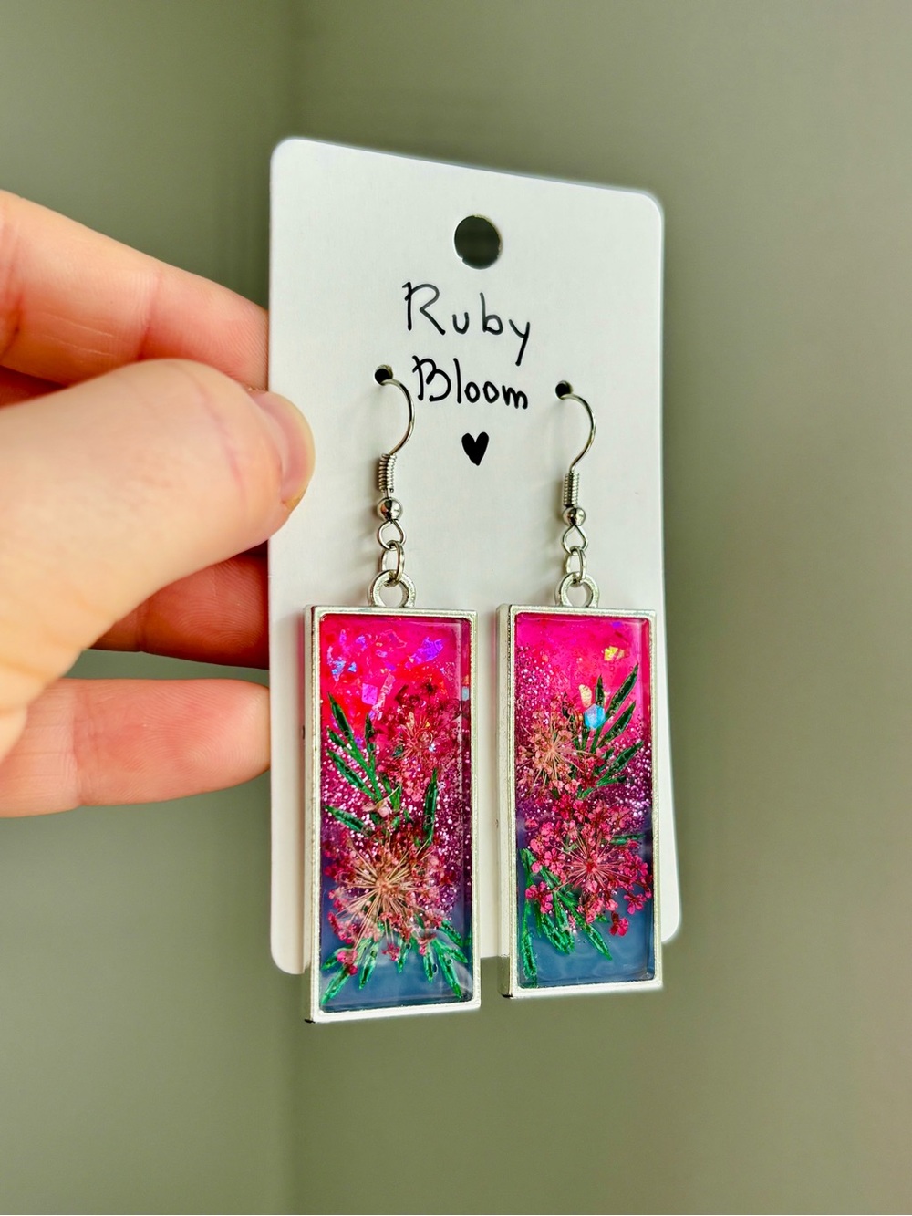 Ruby Bloom Resin Rectangle Earrings Handmade Real Dried Flower Botanical